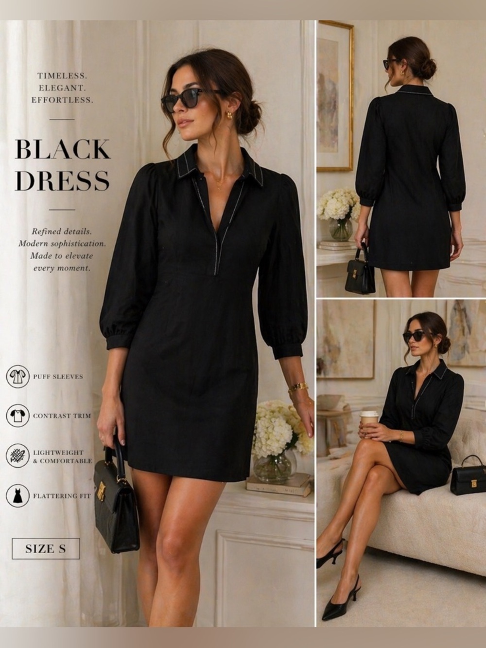 Black Puff Sleeve Mini Dress Size S | Luxe Minimalist